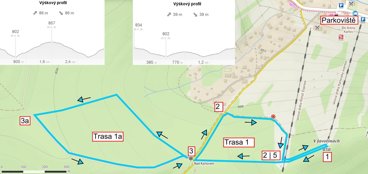 Mapa trasy KOlem Ježkova Lesa,Trasy okolím Karlova pod Pradědem