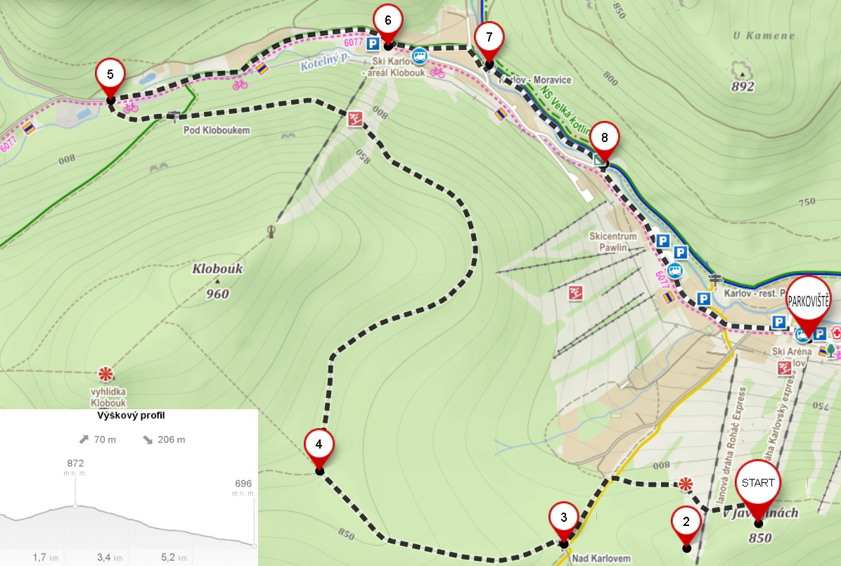 Mapa trasy Pod Kloboukem,Trasy okolím Karlova pod Pradědem