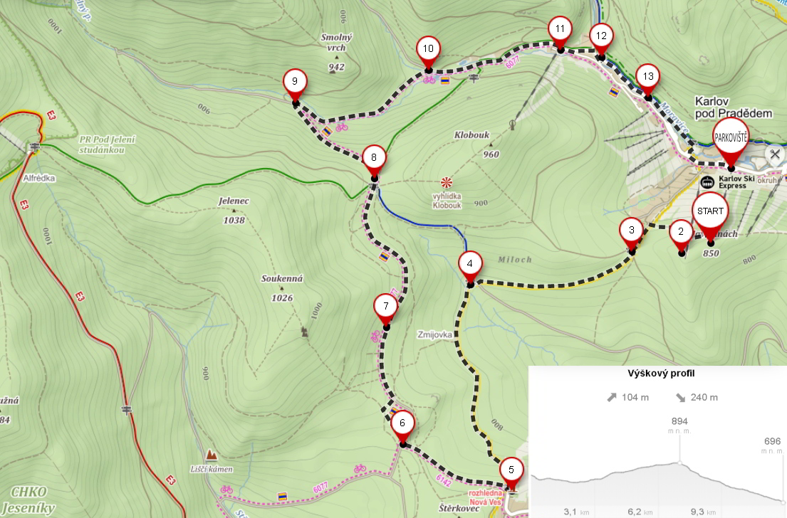 Mapa trasy NA rozhlednu nad Novou Vsí,Trasy okolím Karlova pod Pradědem