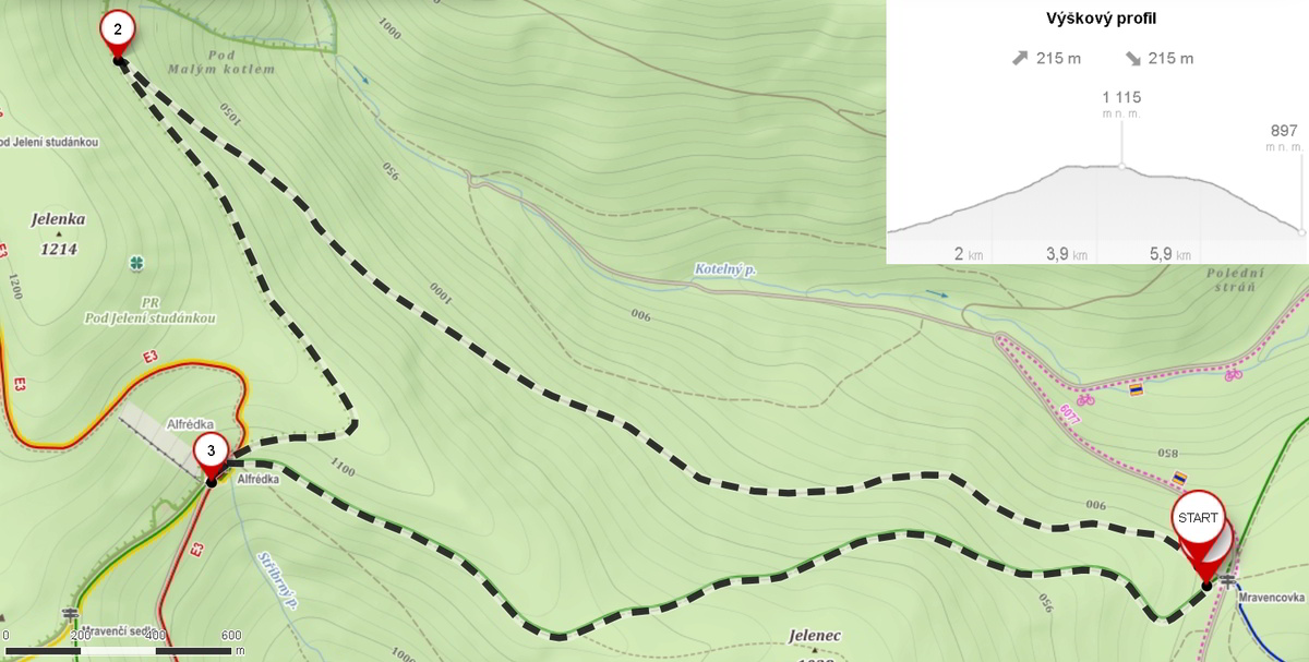 Mapa trasy NA rozhlednu nad Novou Vsí,Trasy okolím Karlova pod Pradědem